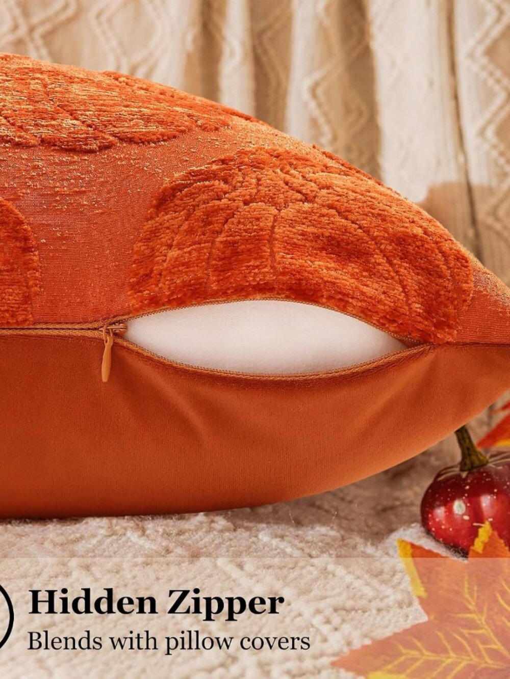 Chenille Rust Pumpkin Soft Throw Pillow Covers 20x20 Set of 2 | Fall Decorative - Picture 3 of 6